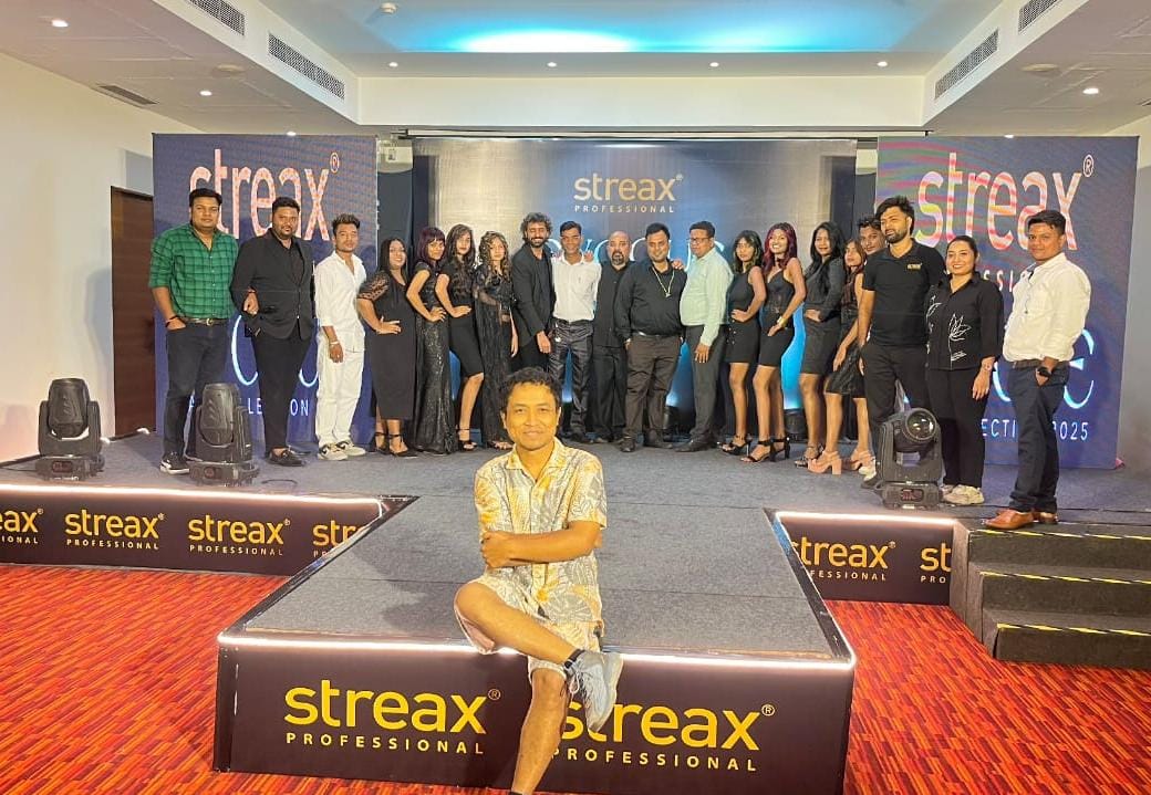 Professional corporate event setup with conference tables, presentation screen, modern lighting, business people networking in elegant hotel ballroom setting